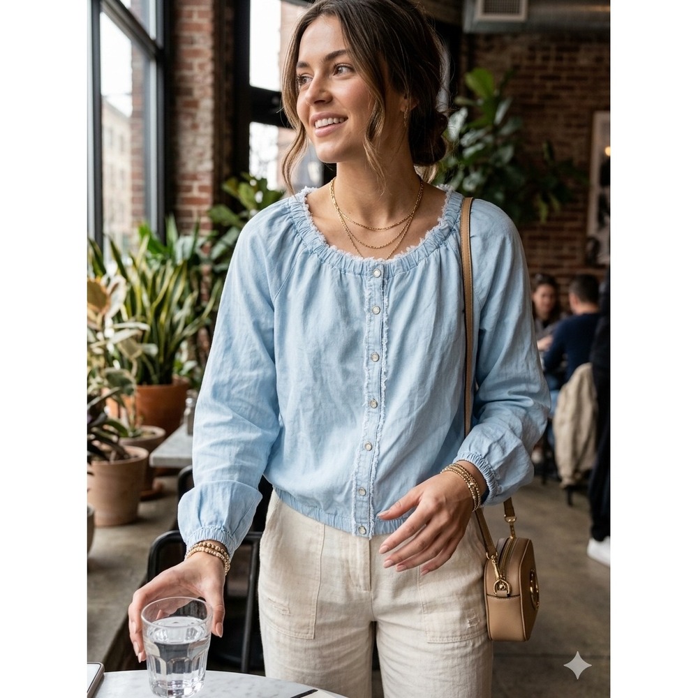Spartina 449 Blue Tencel Lyocell Button Front Blouse Raw Edge Trim XS